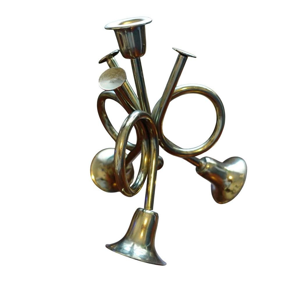 Vintage Brass Triple French Horn Candlestick Holder 7 Inch Musical Table Decor